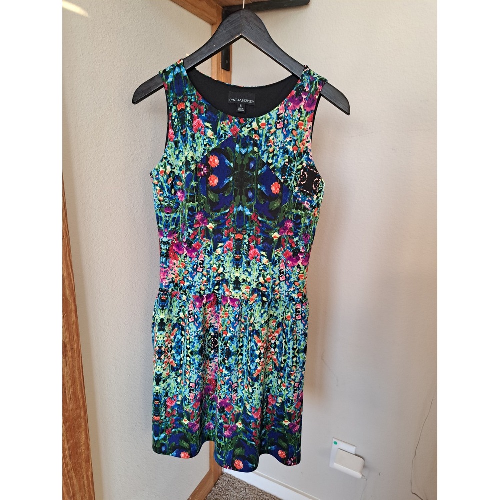 Cynthia Rowley Womens Floral Kaleidoscope Sleeveless Drop Waist Dress Blue 6